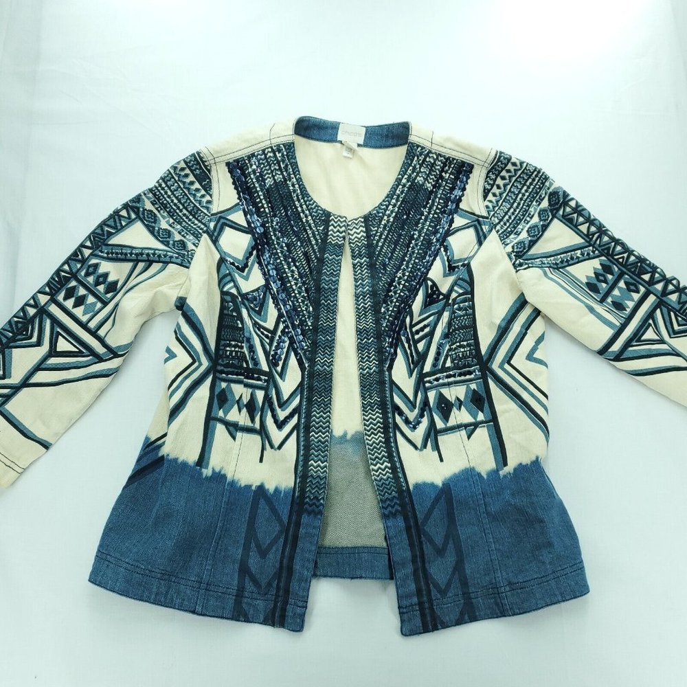 Chicos Open Blazer Jacket Women Size 1 (M/8) Embellished Sequin Aztec Artisan